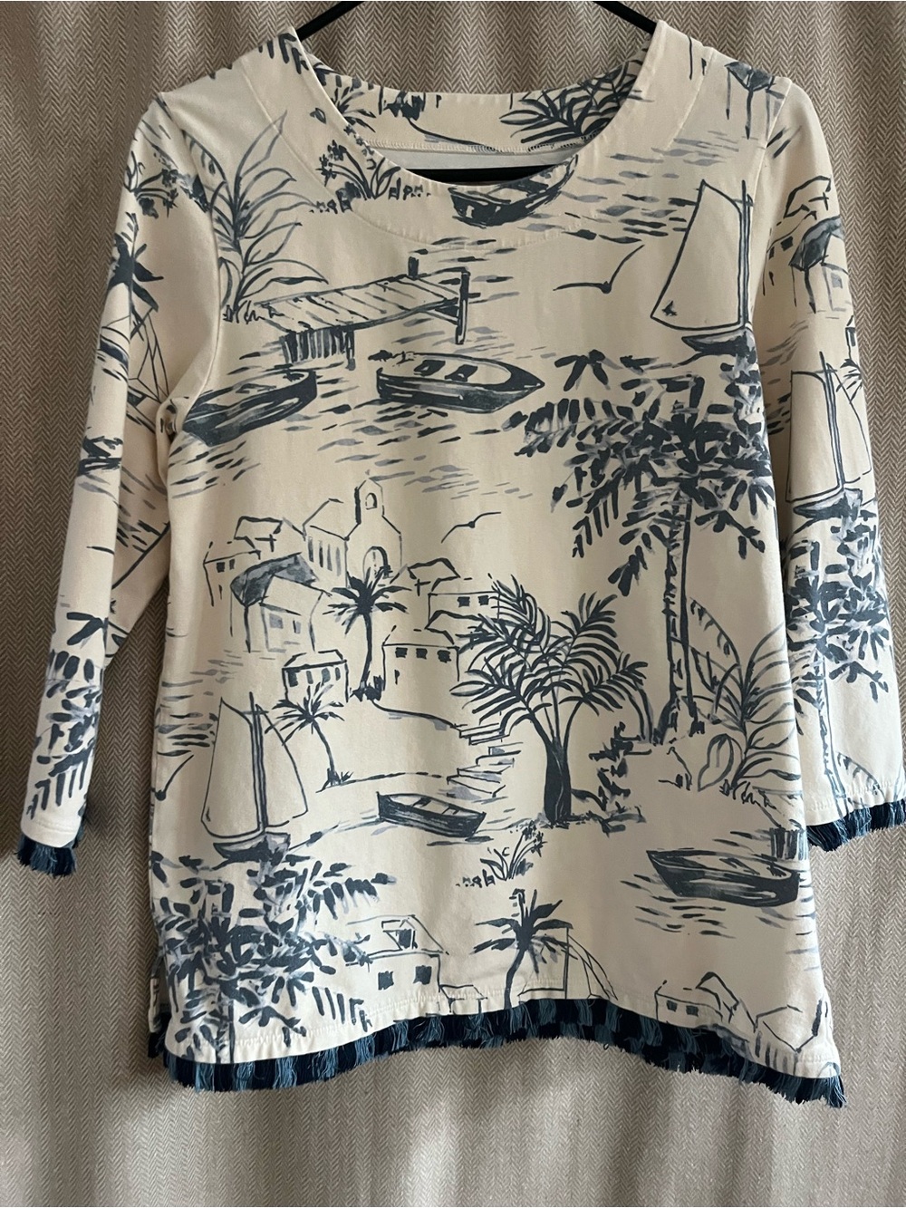 Spartina 449 Cream Top with Navy Coastal Print